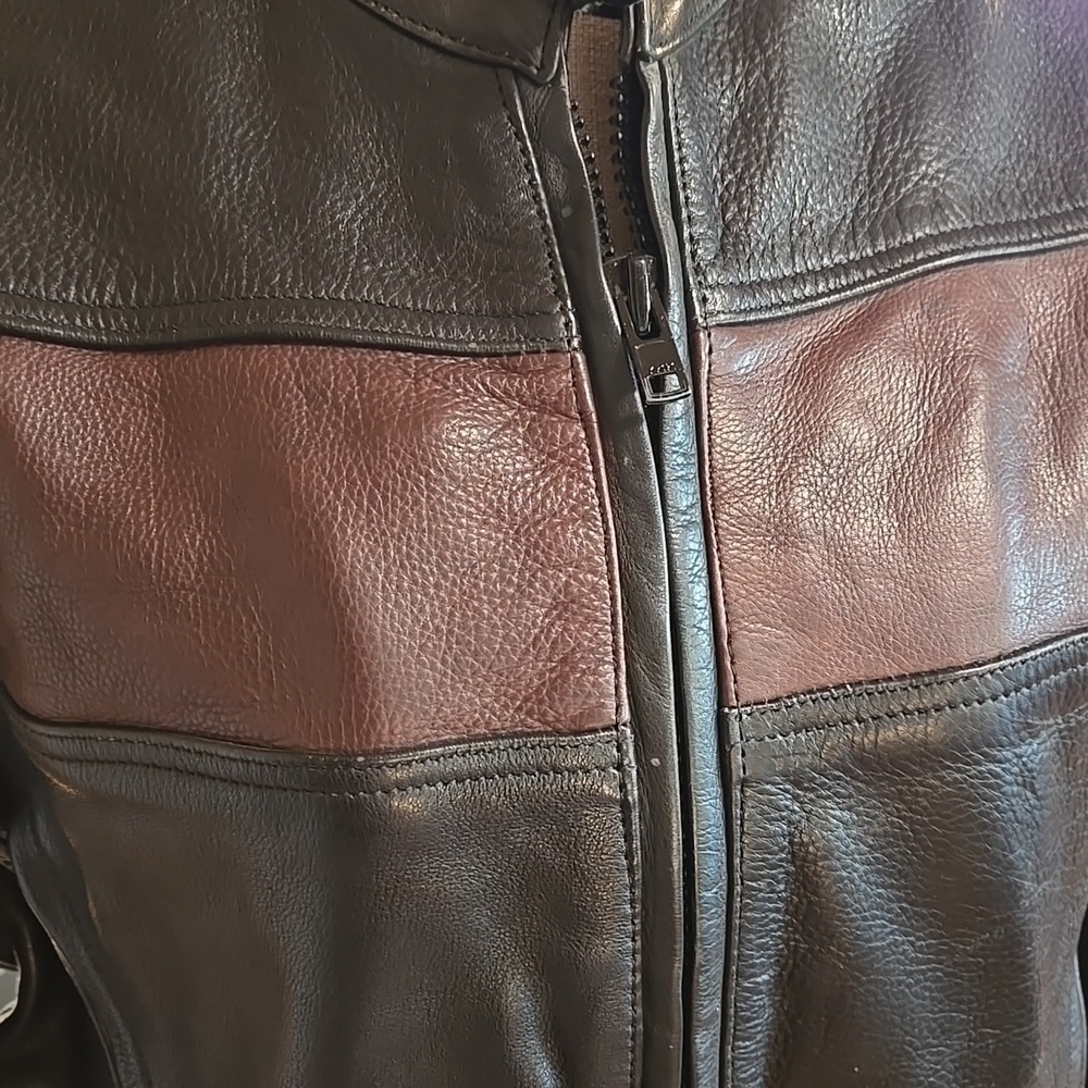 Black and Brown Leather Jacket Unknown Maker Womens Size XL Biker Moto Fitted - Picture 3 of 13